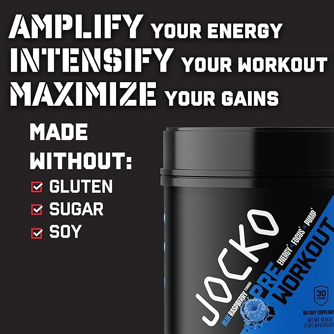 Jocko Fuel Ultimate Pre Workout Powder - Pre-Workout Energy Powder Drink for Men & Women - High Stim Sugar-Free Nootropic Blend to Support Muscle Pump, Energy, & Recovery 200mg Caffeine Blue Raspberry