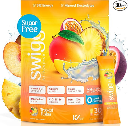 Swigg Electrolytes Powder Packets - No Sugar Multivitamin Hydration Powder, Sugar Free Electrolyte Drink Mix with Vitamin B12, B5, B6, C, D and Folate, Multi Vitamin Water, Tropical Fusion - 30 Sticks