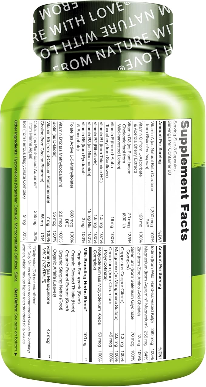 NATURELO Postnatal Multivitamin - Supplement for Breastfeeding Women - Plant-Based Vitamin D, Folate, Gentle Iron - for Nursing Mother, Baby - Post Natal Lactation Support (180 Count (Pack of 1))