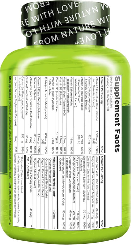 NATURELO Postnatal Multivitamin - Supplement for Breastfeeding Women - Plant-Based Vitamin D, Folate, Gentle Iron - for Nursing Mother, Baby - Post Natal Lactation Support (180 Count (Pack of 1))