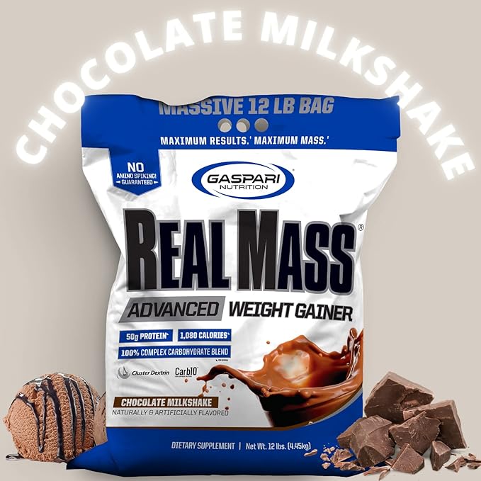 Gaspari Nutrition Real Mass, Advanced Weight Gainer, High Protein, Gycofuse Carbs, and Creatine Monohydrate, Modern Formulation for Mass (12 Pounds, Chocolate Ice Cream)