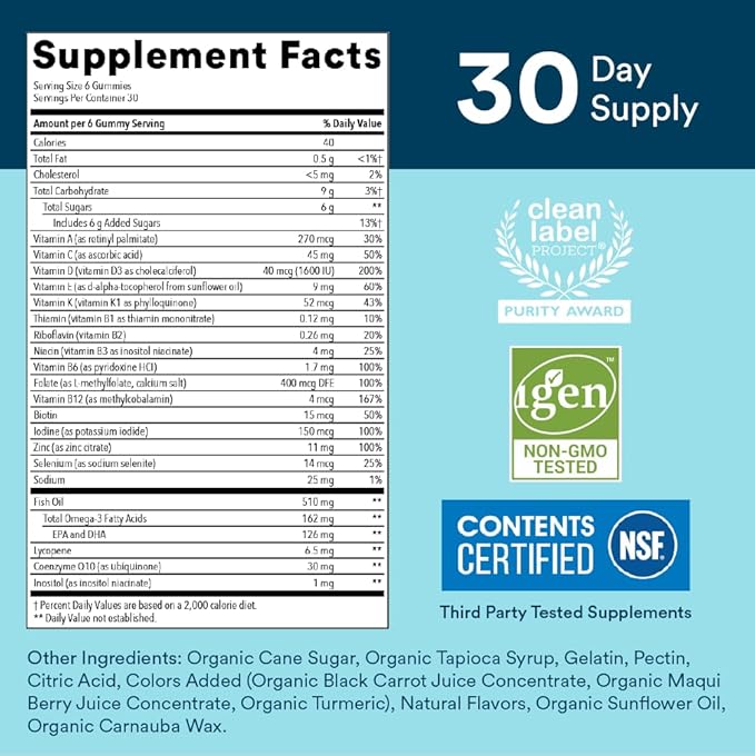 SmartyPants Multivitamin for Men, Gummies: Omega 3 Fish Oil (EPA/DHA), Methylfolate, CoQ10, Vitamin D3, C, Vitamin B12, B6, Vitamin A, K & Zinc for Immune Support, 180 Gummies (30 Day Supply)