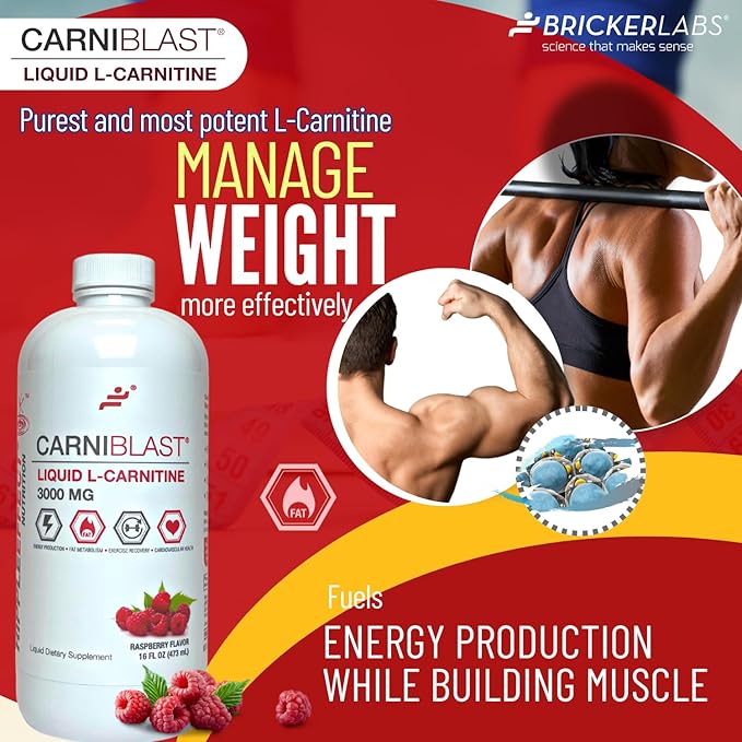 CARNIBLAST Liquid L-Carnitine 3000mg, Premium L Carnitine Carnipure, Energy Nutrition, Energy Supplement and Energy Booster, Raspberry, 16 fl oz