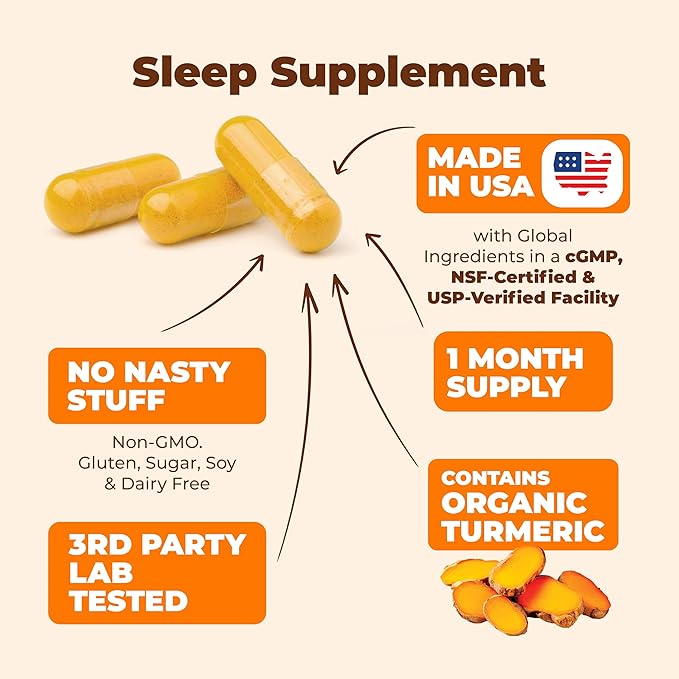Turmeric, Melatonin & Valerian Root Sleep Aid Supplement. Natural Sleep Aid for Adults with L-Theanine, Ginger & Black Pepper Extract. Melatonin 3mg, Valerian Root Capsules. Relaxation & Sleep Support