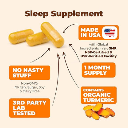 Turmeric, Melatonin & Valerian Root Sleep Aid Supplement. Natural Sleep Aid for Adults with L-Theanine, Ginger & Black Pepper Extract. Melatonin 3mg, Valerian Root Capsules. Relaxation & Sleep Support