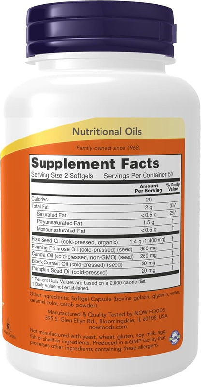 NOW Foods Supplements, Omega 3-6-9 1000 mg with a blend of Flax Seed, Evening Primrose, Canola, Black Currant and Pumpkin Seed Oils, 100 Softgels