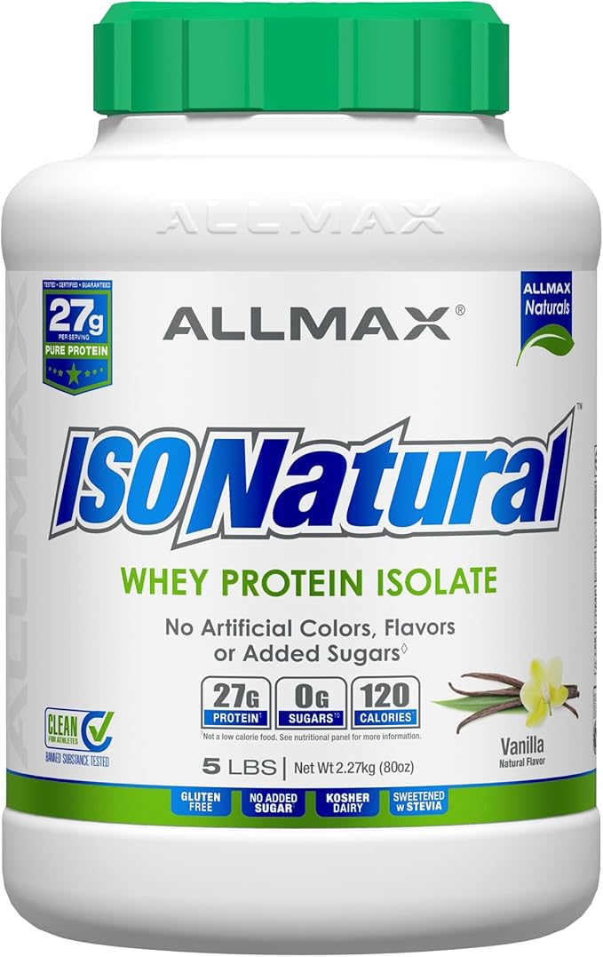 ALLMAX ISONATURAL Whey Protein Isolate, Vanilla - 5 lb - 27 Grams of Protein Per Scoop - Zero Fat & Sugar - 99% Lactose Free - with Prebiotics - No Artificial Flavors - Approx. 73 Servings