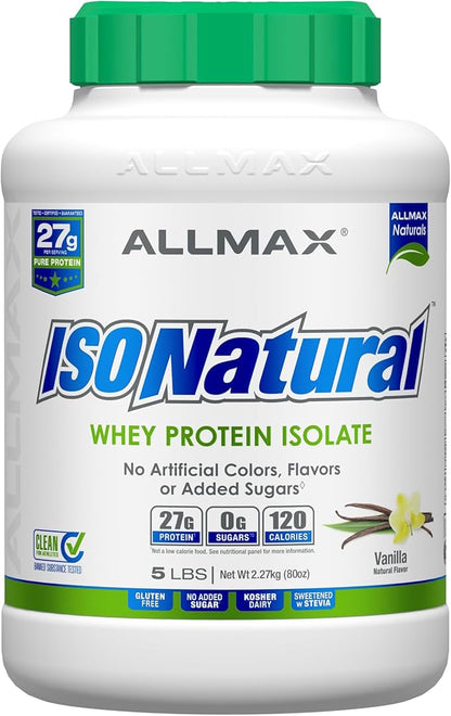 ALLMAX ISONATURAL Whey Protein Isolate, Vanilla - 5 lb - 27 Grams of Protein Per Scoop - Zero Fat & Sugar - 99% Lactose Free - with Prebiotics - No Artificial Flavors - Approx. 73 Servings