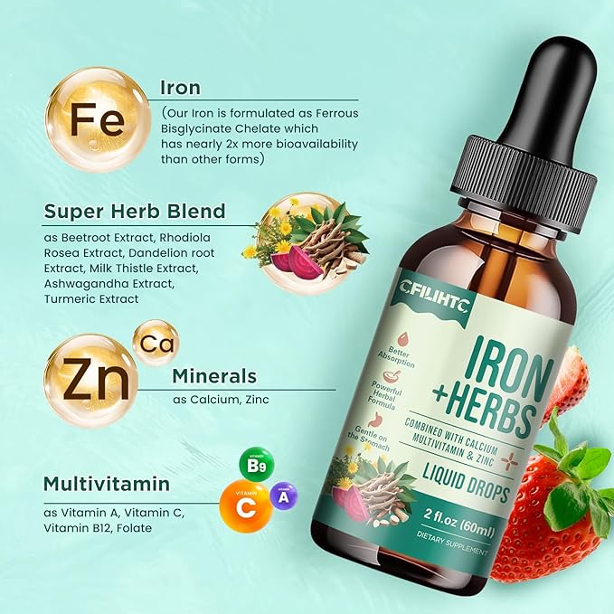 Liquid Iron Supplement for Women, Men, Iron Drops with Women's Health Herb Blend, Calcium, Zinc & Multivitamin - Support Blood Builder, Skin, Energy, Immune for Iron Deficiency, Anemia, Vegan 2 Fl Oz