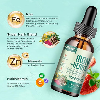 Liquid Iron Supplement for Women, Men, Iron Drops with Women's Health Herb Blend, Calcium, Zinc & Multivitamin - Support Blood Builder, Skin, Energy, Immune for Iron Deficiency, Anemia, Vegan 2 Fl Oz