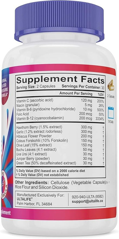 Blood Pressure Supplements - Advanced Blood Pressure Supplement Complex - Hawthorn Berry, Hibiscus, Garlic, Forskolin - 14 Vitamins & Herbs, 30 Day Supply in Veggie Capsules