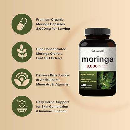 NatureBell 2 Pack Moringa Capsules 8000mg Per Serving, 480 Total Capsules | Green Superfood, Skin Health & Immune Support | Non-GMO, Gluten Free