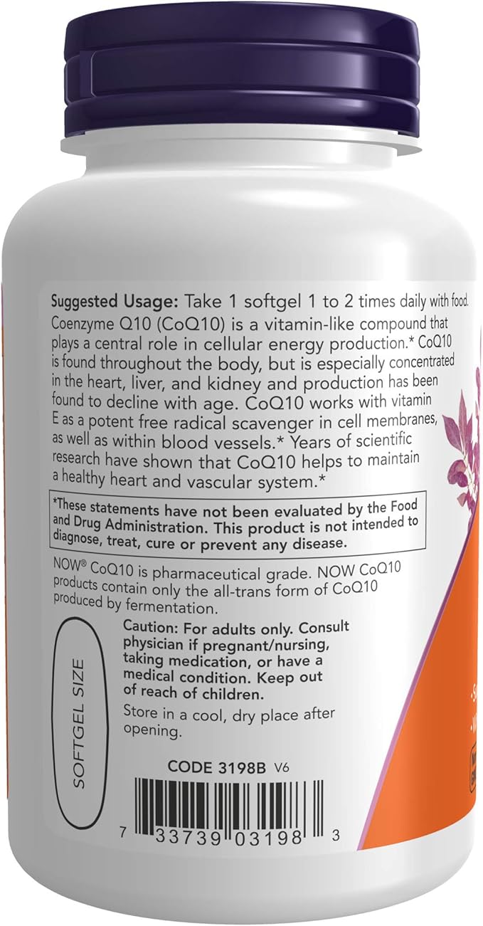 NOW Foods Supplements, CoQ10 400 mg, Pharmaceutical Grade, All-Trans Form produced by Fermentation, 60 Softgels