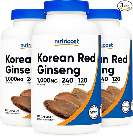 Nutricost Korean Ginseng 500mg, 240 Capsules (3 Bottles) - 1000mg Extra Strength Serving Size - Gluten Free & Non-GMO