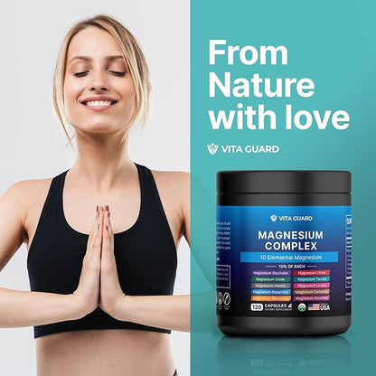 Magnesium Complex 900mg - 120 Capsules | High Absorption with 10 Active Forms Including Glycinate, Citrate, Taurate | Supports Bone, Heart, and Muscle Health | Non-GMO, Vegan-Friendly