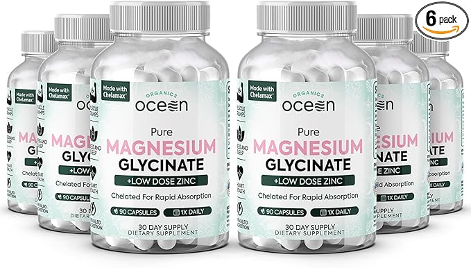 Pure Magnesium Glycinate with Zinc - Maximum Strength Chelated Magnesium Supplement for Women and Men for Muscle Cramps and Sleep Support - 6 Bottles