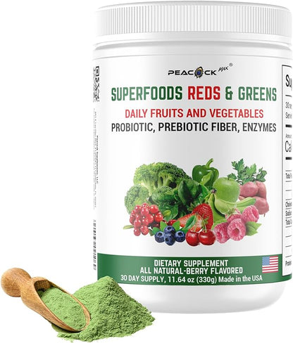 Superfood Reds & Greens Powder - 11.64 oz, Prebiotics & Probiotics for Digestive Health, Super Greens Powder with Ashwagandha for Gut Health, Immunity, Antioxidants, Vegan, Non-GMO