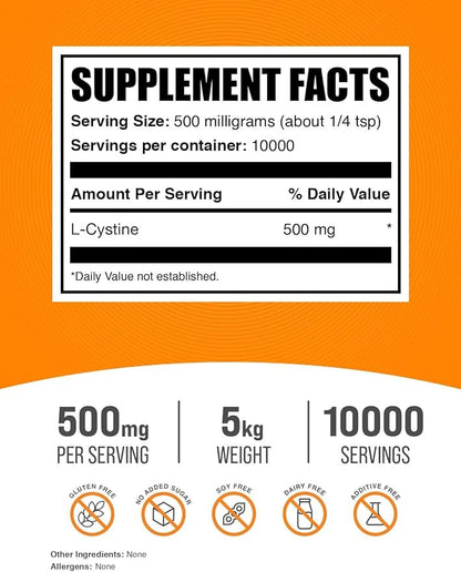 BulkSupplements.com L-Cystine Powder - L-Cystine 500mg, L-Cystine Supplement, Amino Acid Supplement - for Immune Support, Gluten Free, 500mg per Serving, 5kg (11 lbs) (Pack of 5)