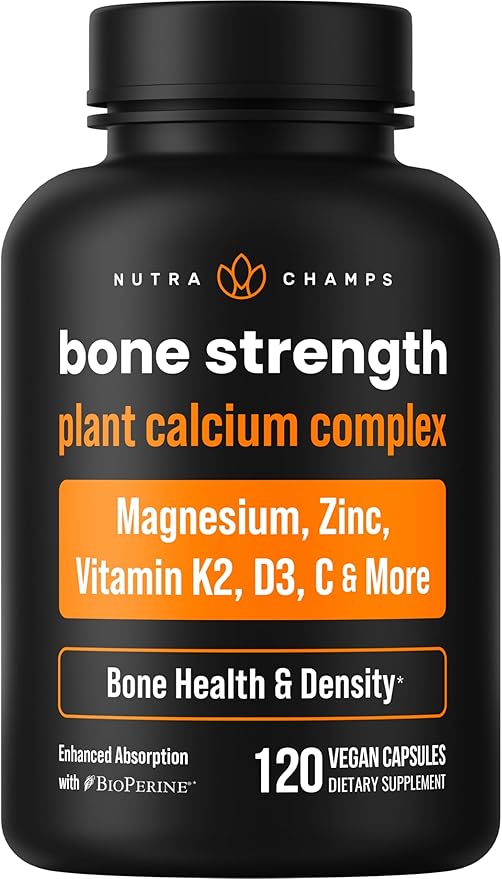 Bone Strength Supplements | Plant Based Calcium Supplement 600mg | Vitamin D3 2000 IU, K2, Magnesium, Potassium, Zinc, Boron & Strontium | Whole Food Supplement for Bone Health | 120 Vegan Capsules