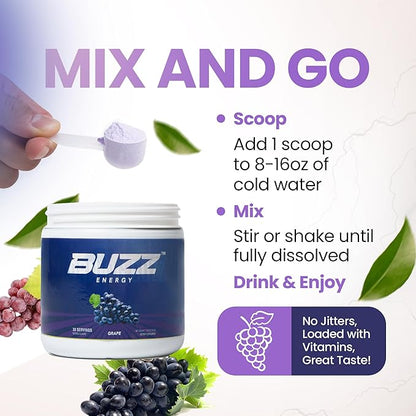 Morning Buzz Energy Powder Grape Drink - Energy Boost Drink Mix - Sugar-Free Energy with Antioxidants - Morning Kickstart and Sports Nutrition Endurance Product