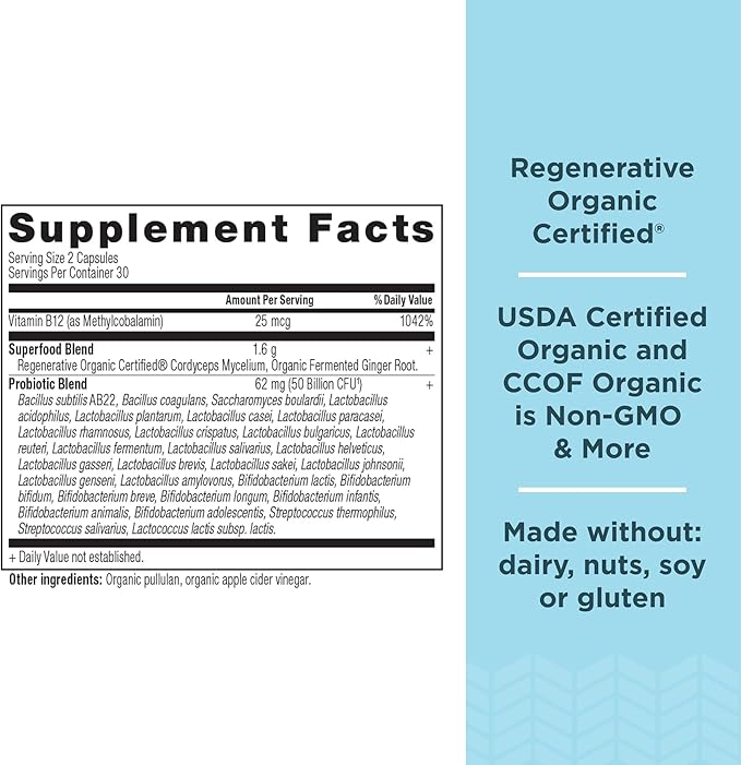Ancient Nutrition Regenerative Organic Certified Probiotics for Metabolism Support, Healthy Digestion and Immune System Function Support, 50 Billion CFUs* Per Serving, 60 Count