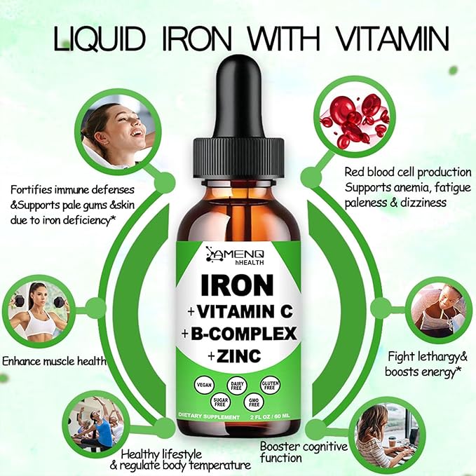 Iron Supplement for Women, Men & Kids, Liquid High Potency Iron w. Vitamin C, B12, B-Complex, Blood Builder Iron Supplement for Anemia, Fatigue, Red Blood Cell Support, Vegan Iron Drops, Gentle