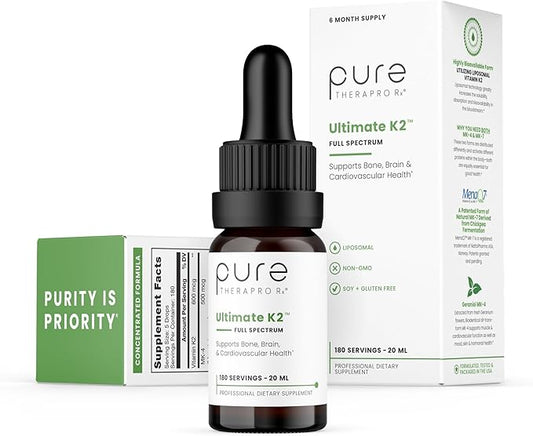 Pure Therapro Rx Ultimate K2 Supplement | Liquid Liposomal Vitamin K2 Drops | 180 Serving | 600mcg Vegan K2 as MK4 & MenaQ7 MK7 | Supports Bone Health, Heart Health, Skin & Hair | 20 mL