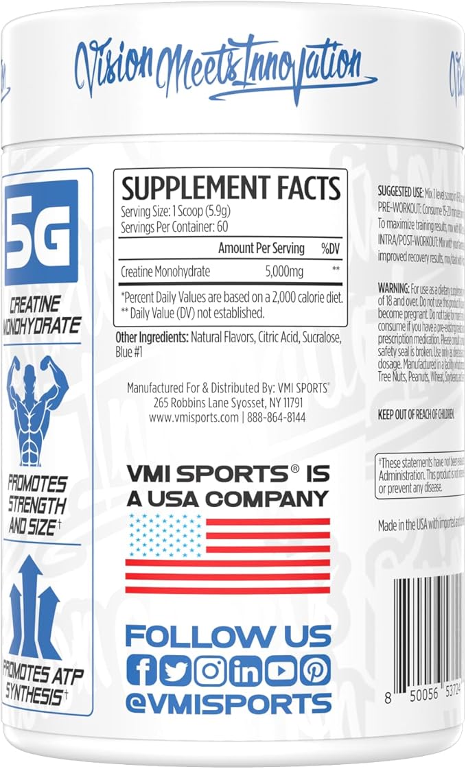 VMI Sports Creatine Monohydrate Powder Muscle Mass – Strength – Size – Power | 5 Grams per Serving (60 Servings, Patriot Pop)