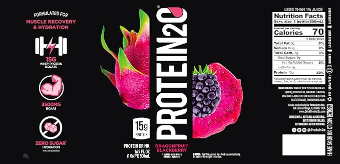 Protein2o 15g Whey Protein Isolate Infused Water, Ready To Drink, Sugar Free, Gluten Free, Lactose Free, No Artificial Sweeteners, Dragonfruit Blackberry, 16.9 oz Bottle (Pack of 12)
