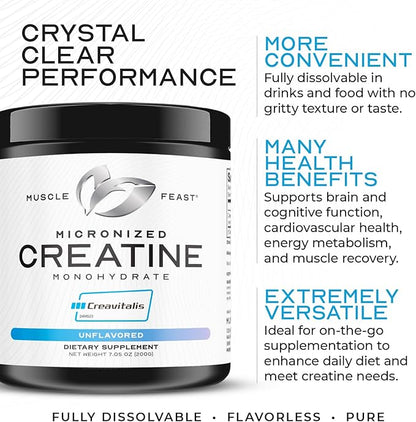 Muscle Feast Creavitalis Micronized Creatine Monohydrate Powder | Premium Pre-Workout or Post-Workout | Easy to Mix, Gluten-Free, Safe and Pure, Kosher Certified, Unflavored, 200g