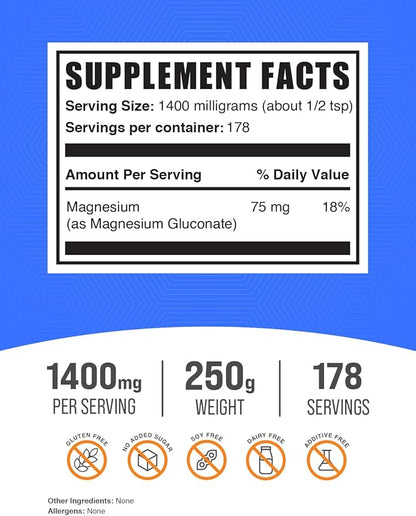 BulkSupplements.com Magnesium Gluconate Powder - Magnesium Gluconate Supplement, Essential & Gluten Free - 1400mg (75mg of Magnesium) per Serving, 250g (8.8 oz) (Pack of 1)