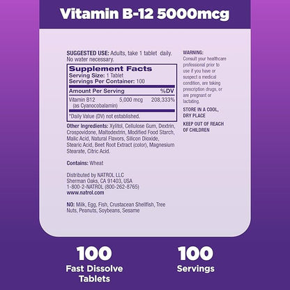 Natrol Vitamin B12 Fast Dissolve Tablets, Promotes Energy, Supports a Healthy Nervous System, Maximum Strength, Strawberry Flavor, 5,000mcg, 100 Count