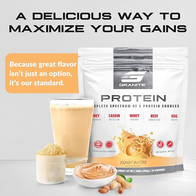 Granite Protein Powder | Whey Isolate & Concentrate| Casein for Lean Muscle Building & Workout Recovery | 30 Servings | Egg & Grass Fed Protein | 23g Protein from 5 Sources | Peanut Butter Flavor