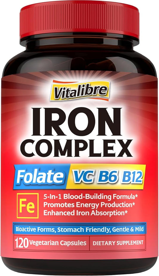 Iron Supplement for Women & Men, with Vitamins C, B6, B12 & Folate for Iron Deficiency, Blood Building & Energy Support, Stomach Friendly, Better Absorption, Non-GMO,No Gluten,120 Vegan Caps