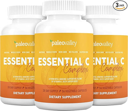 Paleovalley Essential C Complex - Vitamin C Supplement for Immune Support - 3 Pack, 450mg - From Organic Superfoods Unripe Acerola Cherry, Camu Camu, Amla Berry - No Synthetic Ascorbic Acid - USA Made