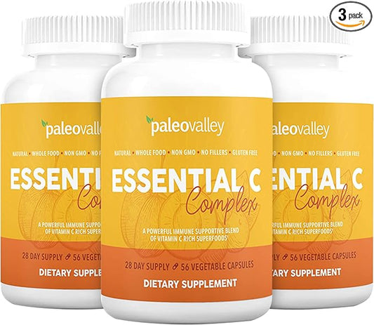 Paleovalley Essential C Complex - Vitamin C Supplement for Immune Support - 3 Pack, 450mg - From Organic Superfoods Unripe Acerola Cherry, Camu Camu, Amla Berry - No Synthetic Ascorbic Acid - USA Made