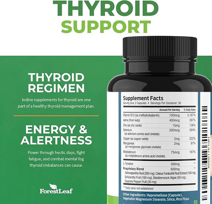 Thyroid Support for Women and Men with Iodine - Energy, Focus & Power Thyroid Supplement - All Natural Herbal Mineral and Vitamin Complex with B12, Zinc, Selenium, Ashwagandha - 60 Vegetarian Capsules