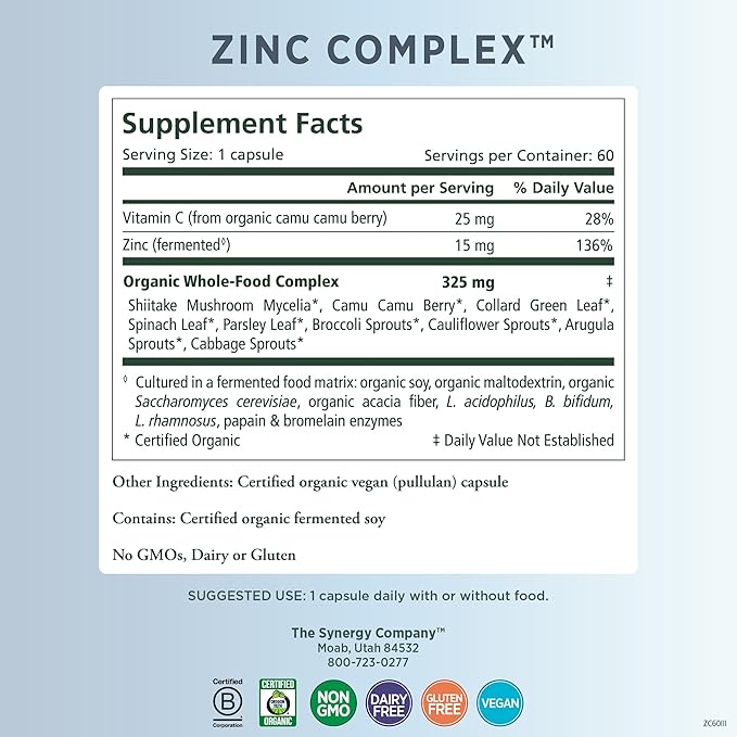 PURE SYNERGY Zinc Complex | Zinc Immune Support Supplement | Natural, Vegan Zinc Complex with Vitamin C and Organic Whole Foods | for Immune, Brain, and Skin Health (60 Capsules)