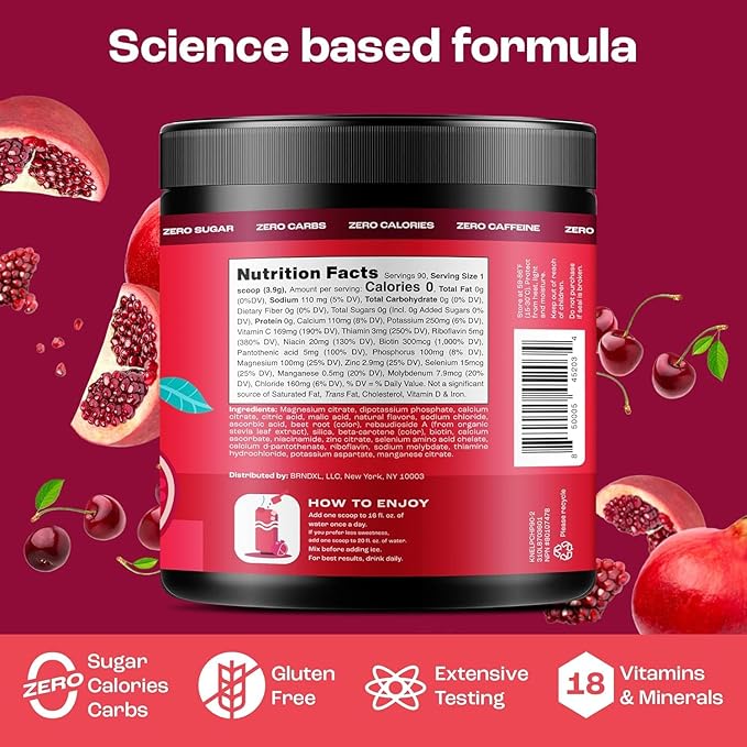 KEY NUTRIENTS Multivitamin Electrolytes Powder No Sugar - Sweet Cherry Pom Electrolyte Powder - Endurance & Energy Supplement - Hydration Powder - No Calories - 90 Servings - Made in USA