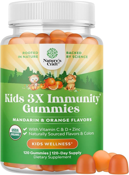 Organic Kids Immune Support Gummies - Vegan Organic Vitamin D Gummies for Kids with Vitamin C and Zinc for Kids Immunity - D3 Zinc and Vitamin C Gummies for Kids - Gluten Free & Non GMO (120 Servings)