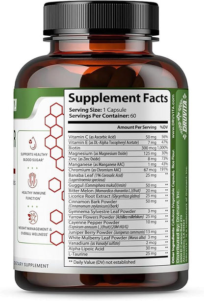Blood Sugar Smarts Dietary Supplement 20 Key Herbs, Minerals & Vitamins with Chromium, ALA, Cinnamon & Bitter Melon for Men Women Non-GMO Natural (60 Capsules + 1 Portable Container)
