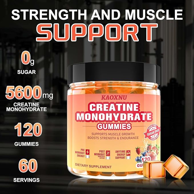 Creatine Monohydrate Gummies 5600mg for Men & Women, 120CT Chewable Creatine Gummies for Muscle Support, Energy Boost, 5.6g of Creatine Monohydrate per Serving - Sugar Free (Blueberry strawberry)