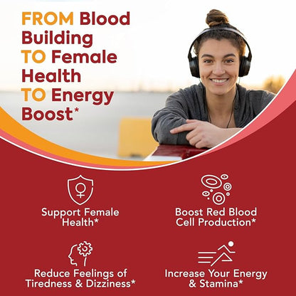 Gentle Iron Supplement for Women Men, Stomach Friendly & Non-Constipating | Iron Bisglycinate with Vitamin C, Folate, B6 & B12 | Iron Pills for Blood & Energy Support | 60 Vegan Capsules