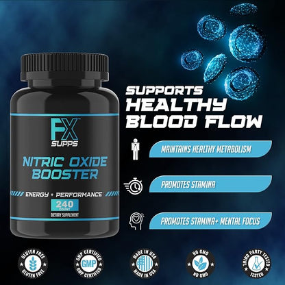 FX SUPPS Nitric Oxide Booster | Bodybuilding Pre Workout Pills for Men and Women (2 Pack of 240 Capsules) Boost Energy Pump & Vascularity | Muscle Builder Supplement with Arginine, Best for Athletes