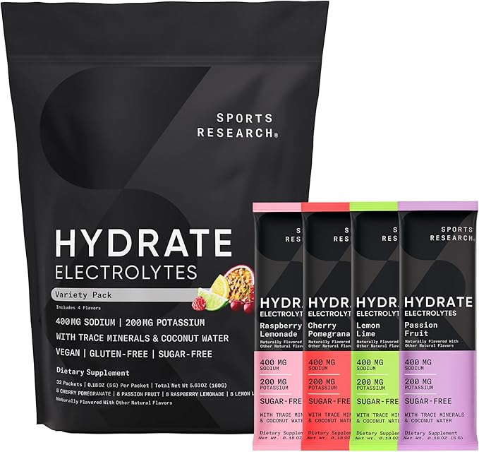 Sports Research Hydrate Electrolytes Powder Packets - Sugar-Free & Naturally Flavored with Vitamins, Minerals, and Coconut Water - Supports Hydration - 16 Packets - Variety Pack