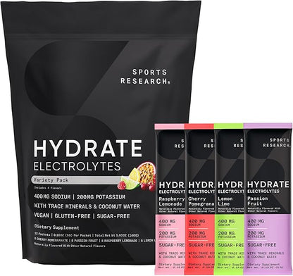 Sports Research Hydrate Electrolytes Powder Packets - Sugar-Free & Naturally Flavored with Vitamins, Minerals, and Coconut Water - Supports Hydration - 16 Packets - Variety Pack