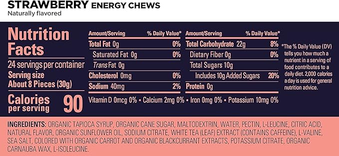 GU Energy Chews, Strawberry Energy Gummies with Electrolytes, Vegan, Gluten-Free, Kosher, 20 mg of Caffeine, and Dairy-Free On-the-Go Energy for Any Workout, 12 Bags (24 Servings Total)