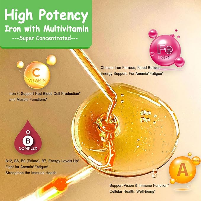Iron Supplement for Women, Men & Kids, Liquid High Potency Iron w. Vitamin C, B12, B-Complex, Blood Builder Iron Supplement for Anemia, Fatigue, Red Blood Cell Support, Vegan Iron Drops, Gentle