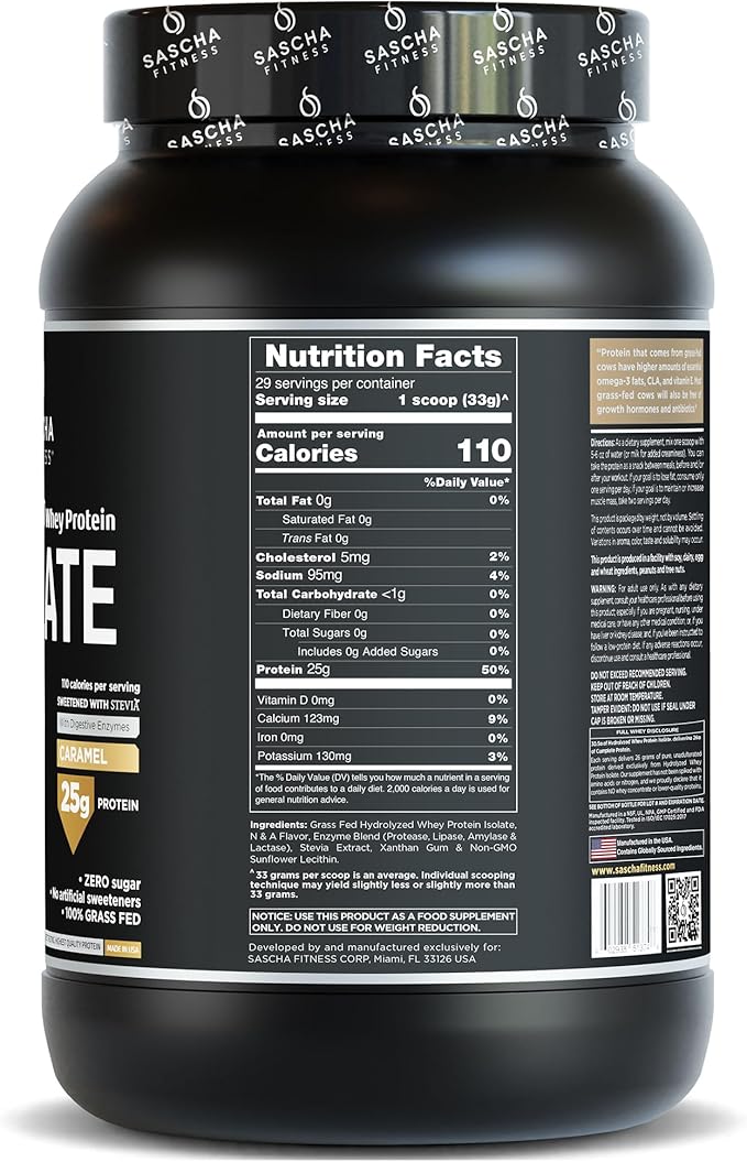 SASCHA FITNESS Hydrolyzed Whey Protein Isolate,100% Grass-Fed (2.11 Pounds) (Caramel Flavor)
