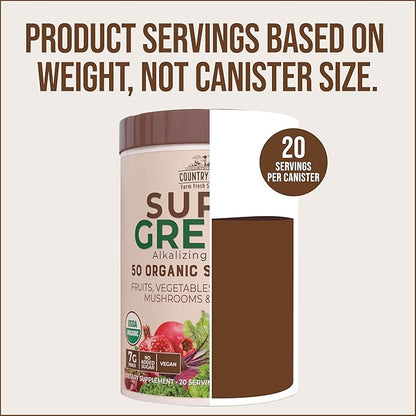 COUNTRY FARMS Super Greens Chocolate Flavor, 50 Organic Super Foods, USDA Organic Drink Mix, Fruits, Vegetables, Super Greens, Mushrooms & Probiotics, Supports Energy, 40 Servings, 10.6 Oz, 2 Pack